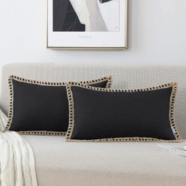 Set of 2 Farmhouse Throw Pillow Covers - Burlap Linen Trimmed Tailored Edges Decorative Cushion Covers for Bed Home Outdoor Decoration (2 Pieces, 12" x20", Black 2/ Linen Band)