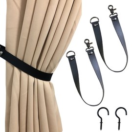 Leather Curtain Tiebacks, PU Leather Curtain Rod Holder Window Treatment Holdbacks, Skull Drapery Tie Backs Buckle Modern Vintage Decorative Window Curtains 2 Pack