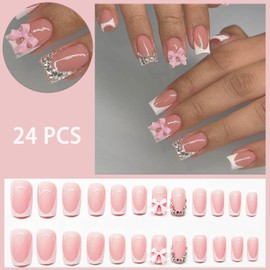 French Pink Bow Press-On Nails Short Square False Nails French Diamond White Full Cover Glossy Acrylic Nails Cute Bow Design for Women Girls DIY Manicure Decoration 24pcs