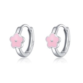 SLUYNZ Solid 925 Sterling Silver Pink Flower Earrings Hoop for Women Teens Cute Flower Hoop Earrings Huggie