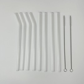 10 piece set of high borosilicate glass straws that can be reused, including 4 straight pipes, 4 curved pipes, and 2 straw brushes, suitable for juice, coffee, and cocktails