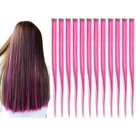 12 PCS Colored Clip in Hair Extensions,22 Inch Straight Party Highlights Clip on Synthetic Hair Extension for Girls Synthetic Clip in Long Hair Accessories for Women (Pink)