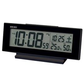 Seiko Clock SQ324K Always-On Alarm Clock, Radio, Digital Calendar, Temperature and Humidity Display, Visible in the Dark, Black and Partially Black, 82×206×51mm