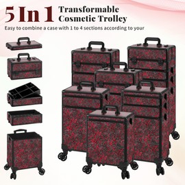 JINGUAN Profesional Rolling Makeup Train Case with Lid, 5 in 1 Cosmetology Case on Wheels, Large Cosmetic Trolley Organizer Travel for Hairstylist Artist Nail Beauty Salon Barber, Red