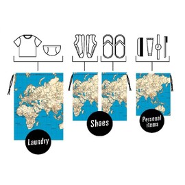 KIKKERLAND Polyester Travel Bags, Set of 4 - Laundry, Shoe Bags, Personal Item Bag, Storage Pouch, World Map Print