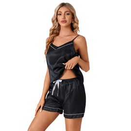 MAIABLEAU Silk Pajamas Set Women 4Pcs Satin Pajamas Set Button Down Short Sleeve Cami Shorts Sleepwear Pj Set Black 2XL