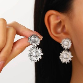 Cimenexe Bohemian Daisy Flower Earrings Silver Metal Sunflower Drop Earrings Exaggerated Sunflower Dangle Earrings Silver Sunflower Stud Earrings Jewelry for Women