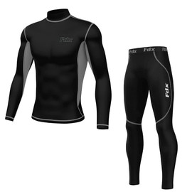 FDX Men’s Thermal Compression Suit, Breathable, Lightweight, Elastic Cool Quick Dry Base Layer Bottom Underpants Top Mock Neck for Running, Gym, Workout, Training, Exercise Grey-Small