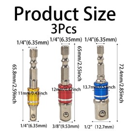Runseaway 3Pcs 1/4", 3/8", 1/2" Impact Grade Socket Adapter/Extension Set, 1/4-Inch Cr-V Hex Shank for Power Drill, Converts Drill into High-Speed Nut Driver(Multi-Color)
