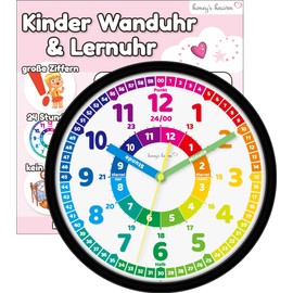 Honey's Heaven® Montessori Wall Clock for Children - Learning Clock without Tick Noises - Analogue Children's Clock for Learning the Time - Decorative Children's Room Children's Wall Clock for Girls