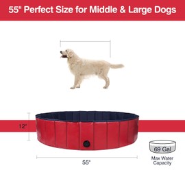 Decorlife Hard Plastic Pool for Dogs, Kids, Cats, Multi-Use Pet Kiddie Tub for Bathing, Swimming, Wading, Sturdy PVC Material, Foldable Design, Red, 55 x 12 Inches