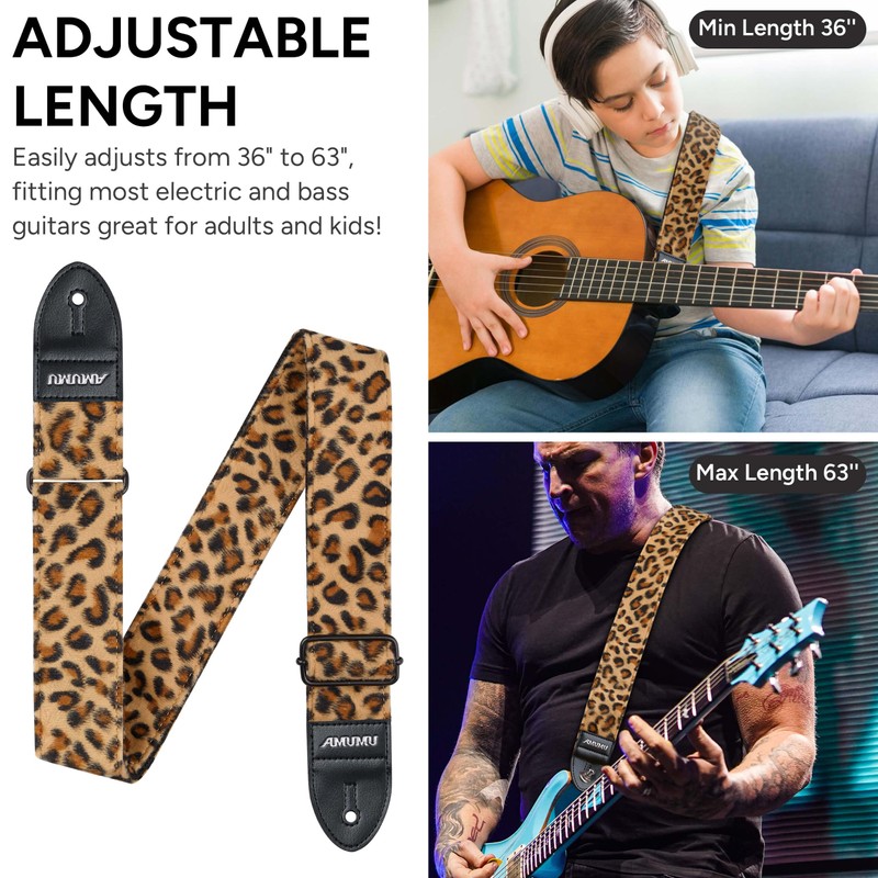 Amumu Leopard Flocked Velvet Guitar Strap with Microfiber Leather Ends,