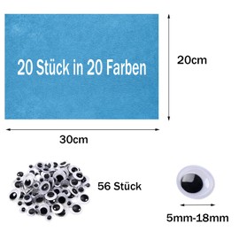 Canollo 20 Farben Bastelfilz mit 56 Stück Selbstklebend Wackelaugen, 20×30cm Filz zum Basteln, Bunt Filzstoff zum Basteln, Filz Basteln Set, DIY Filzplatten für Mädchen Jungen Handwerk Nähen Projekte