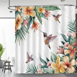 Aimego Hummingbird Floral Shower Curtain - Spring Summer Flower Bird Tropical Leaf Plant Watercolor Botanical Fabric Cloth Shower Curtain Set with 12 Hooks for Bathroom Decor Accessories, 72"x72"