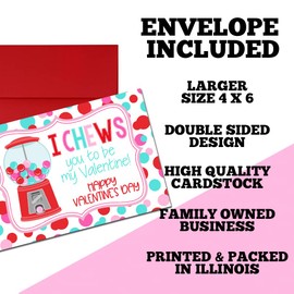 I CHEWS You Gumball Valentine Pun Themed Single (1) All Occasion Blank Thank You Card To Send To Friends & Family, 4"x 6" (when folded) Fill In Greeting Note Card by AmandaCreation