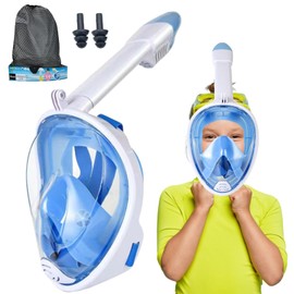 GRHONC Snorkel Mask for Kids, Full Face, 180° Wide-Angle View, Anti-Fog, Freely Breathable, Anti-submersion, Camera Mountable (Blue, XS [Kids])