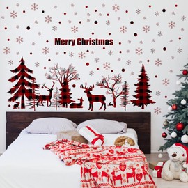 Merry Christmas Wall Decal Red Black Buffalo Plaid Christmas Tree Deer Wall Sticker Removable Christmas Wall Decal Decor Forests Animals Art Wall Sticker for Christmas Party Supplies Home Wall Decor