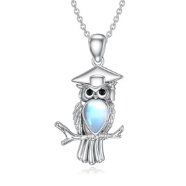 CRMAD Owl Necklace for Women Sterling Silver Graduation Necklace Moonstone Pendant Insprational Friendship Jewelry Graduation Gift for Women Men