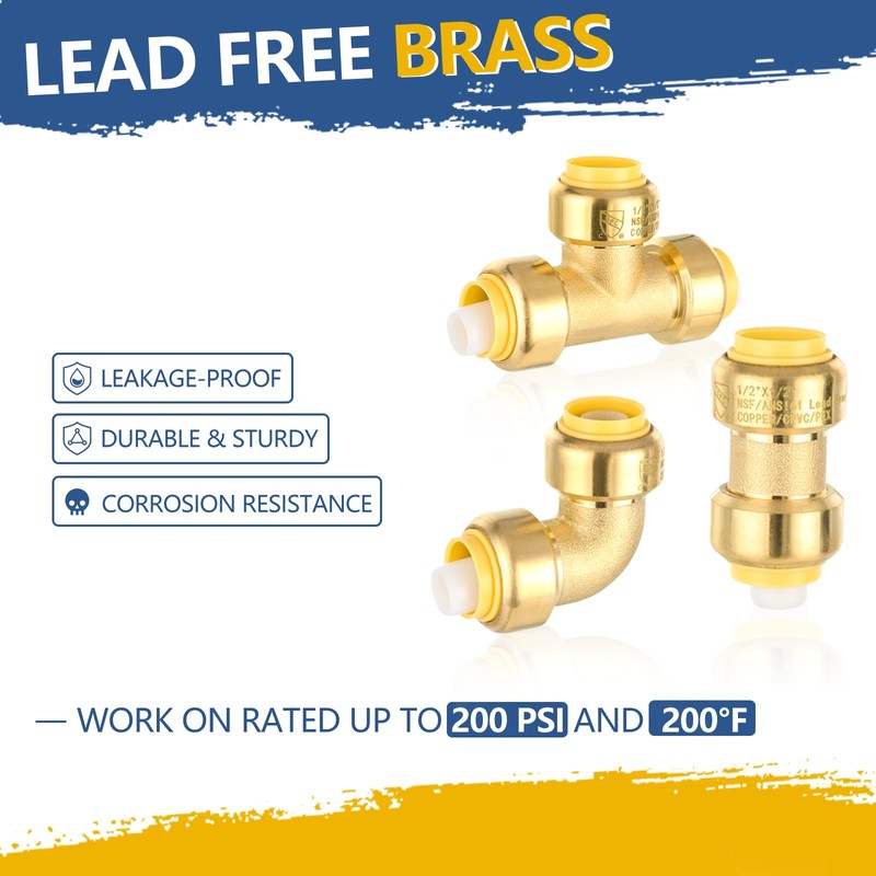 10-Pack GUOFIS 1/2Inch Push-fit Combo Fittings-4PCS Coupling+4PCS Elbow+2PCS Tee, Push