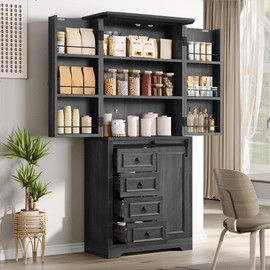 DWVO 71" Kitchen Pantry Storage Cabinet with Barn Doors, Tall Kitchen Cabinets with 4 Drawers and Adjustable Shelves, Versatile Storage for Living Room, Dining Room or Hallway, Grey Rustic Oak