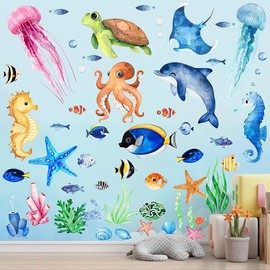 Ocean Sea Animals Wall Decals Stickers, 4Sheets 52Pcs Under The Sea Wall Stickers Fish Turtle Jellyfish Ocean Creature Decals for Kids Bedroom Bathroom Nursery Decor