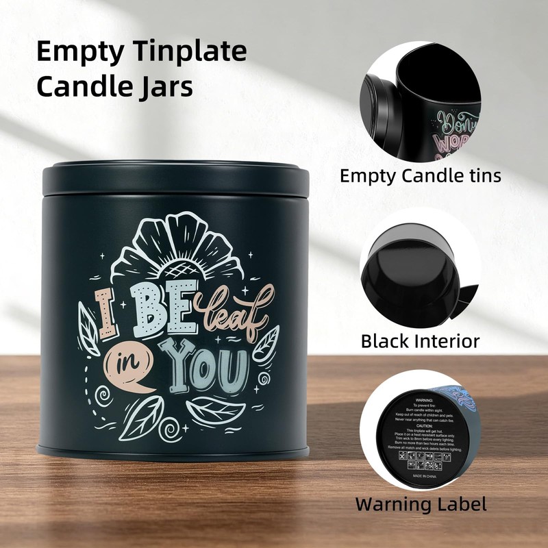 12 Pack Inspirational Black Candle Tins with Lids, 10 oz