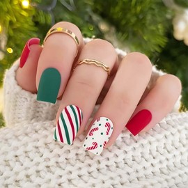 24PCS Christmas False Nails - Matte False Nails with Glue - Christmas Color Fake Nails with Candy Pattern & Glitter Stripe - Acrylic Nail Glossy Full Cover Nail Art Gifts for Women