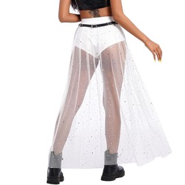 Mluiov Women's 2 in 1 Skirt with Shorts Tulle Sheer Mesh Glitter Sequin Flowy Rave Festival Sparkly Costume Long Maxi Skirts White