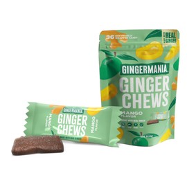 Gingermania™ Ginger Chews | Mango Flavor | Made with Real Ginger & Mango | Sweet & Spicy Chewy Candy | 36 Individually Wrapped Chews Per Bag | 5oz Bag (Pack of 6)