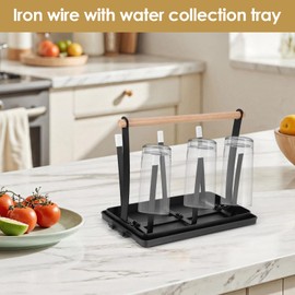 Bottle Holder for Sodastream, 6 Drainer Bottles with Wooden Handle and Drip Tray, Bottle Drainer, Black Drip Stand for Bottles/Cups/Coffee Cups