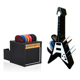 JINJUMEI Guitar Picks Holder Box, Amp Speaker Styled Pick Holder and V-Shaped Guitar Pick Holder with 5 Celluloid Guitar Picks, Guitar Pick Storage Box Set for Guitar Players and Music Enthusiasts