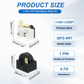 sourcing map PTC Refrigerator Starter Relay 4.7 Ohm 1 Pin and 110V-1/2HP-Side Terminal Freezer Overload Protector for Fridge Cooler Compressor