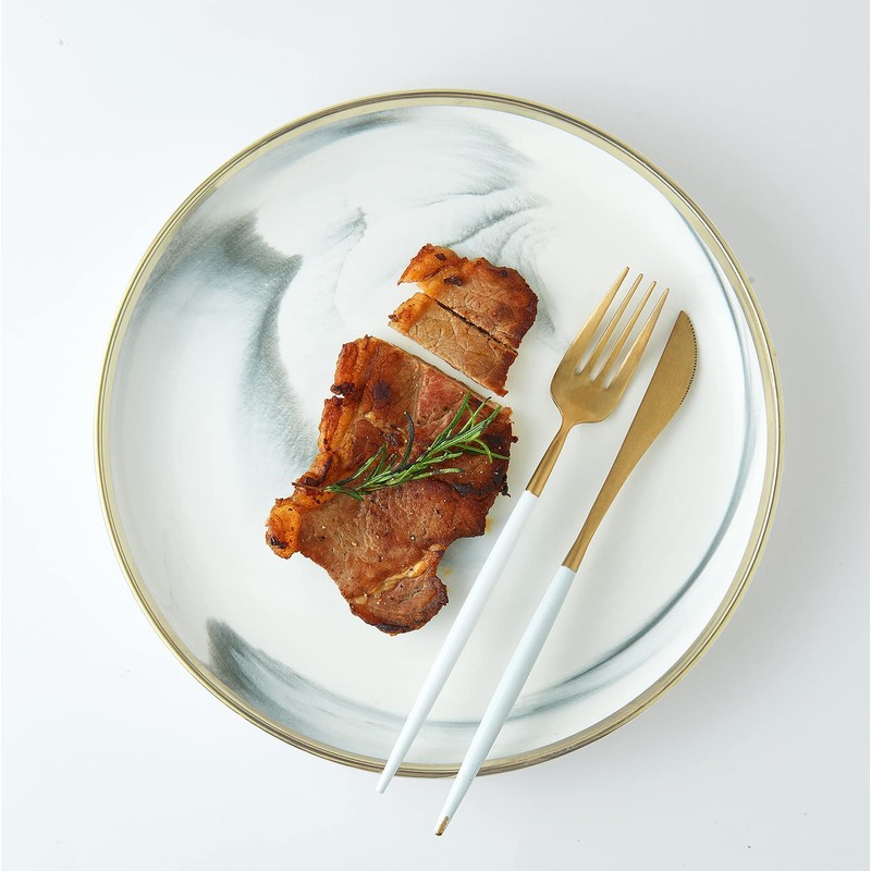 Pokini Marble Gold Rim Dinnerware Sets, Porcelain Plates and Bowls