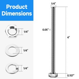 (12 Sets) 1/4-20 x 4 Hex Head Screws Bolts and Nuts Kit with 1/4-20 Bolt, 1/4-20 Nuts, Flat & Lock Washers, Fully Threaded, 1/4 20 Stainless Steel Bolts, Bright Finish by Marysino