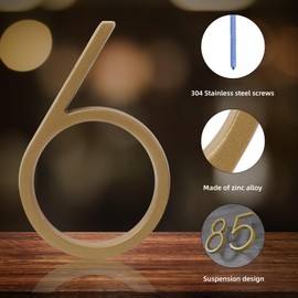 Floating House Number Modern House Numbers 5 inch, Deamos Zinc Alloy Home Address Number for House with Reflective Finish Floating Mount or Flush Mount Zinc Alloy (Gold, #6)