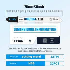 MUOZLOP 20pcsT118G Jigsaw Blades，32 TPI Jig Saw Blades with Storage Case,T-Shank jig Saw Blades for Metal Cutting (20pcsT118G)