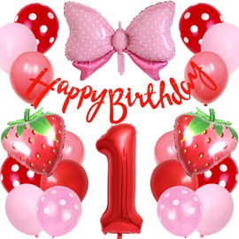 Lausatek バルーン 誕生日 1歳 風船セット HAPPY BIRTHDAY バースデー ガーランド バースデー 飾り付け 数字1 いちご 蝶結び 装飾 お祝い イベント 子ども 男の子 女の子 赤 レッド