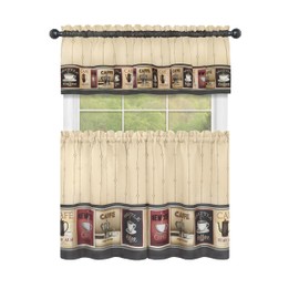 Achim Home Furnishings Cozy Cafe Printed Tier & Valance Set - 58x24 Inch Tan-Black