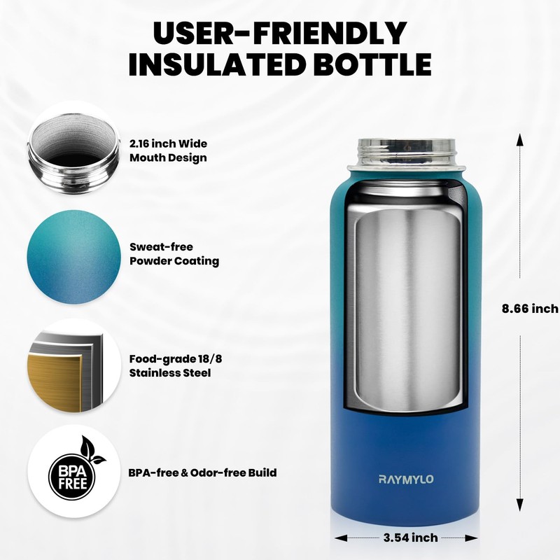 RAYMYLO Insulated Water Bottle 32 oz, Triple Wall Vacuum Stainless