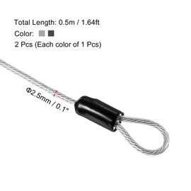 TOP-VIGOR 2Pcs Security Steel Cable, 2.5mm x 0.5m / 1.64ft Coated Safety Wire Rope Double Loop Flexible Security Cable Lock for Outdoor Travel Luggage Bike, Transparent, Black