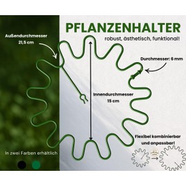 ARPON Round Shrub Support for Flowers, Vine Plants and Perennials - Plant Support Ring Cages Pack of 10 - Plant Clips - Plant Clips with a Diameter of 21.5 cm - Adjustable Plant Holder