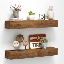 ROOREVO Wall Floating Shelves, Rustic Wood Wall Shelf Handmade (Light Walnut, 24 Inch - 2 Pack)
