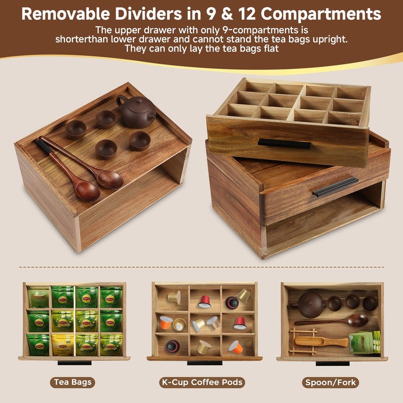 Acacia Wood Tea Bag Organizer with Gift Box, Double-Drawer Tea