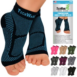 TechWare Pro Ankle Brace Compression Sleeve - Relieves Achilles Tendonitis, Joint Pain. Plantar Fasciitis Foot Sock with Arch Support Reduces Swelling & Heel Spur Pain. (Black/Blue, S/M)