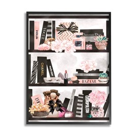 Stupell Industries Fashion Bookshelf Glam Cosmetic Accessories and Books, Designed by Ziwei Li Black Framed Wall Art, 24 x 30, Pink