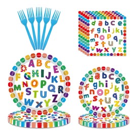 96 PCS Colorful Alphabet Party Decorations, Disposable ABC Letters Paper Plates Napkins Set School Classroom Educations Party Supplies for Kids Birthday Baby Shower Alphabet Games, Serves 24
