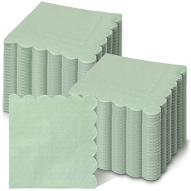 Kisston 400 servilletas de cóctel festoneadas, servilletas de papel desechables, servilletas de bebidas a granel para bodas, baby shower, cenas, cumpleaños, postres, decoraciones de fiesta, 5 x 5 pulgadas (verde salvia, sólido)