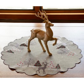 Linens, Art and Things Embroidered Christmas Holiday Reindeer & Christmas Scene on Grey Table Topper, Small Tablecloth (23 Inch Round)