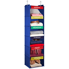 Weekly Clothes Organizer for Kids - 6-Shelf - Hanging Closet Daily Clothing Organization Labeled Shelves with Days of The Week Monday Through Friday, Weekday and Weekend (Blue)