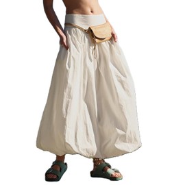 NUFIWI Women Y2k Bubble Maxi Skirt Low Elastic Waist A Line Long Skirt Summer Casual Ruffle Pleated Midi Dress(B White Maxi,Medium)